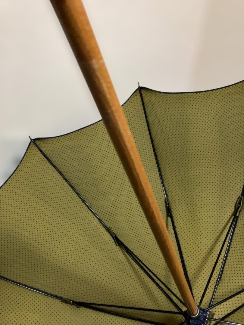 マリアフランチェスコ 長傘 ネイビー イエロードット柄　革巻きカーブハンドル