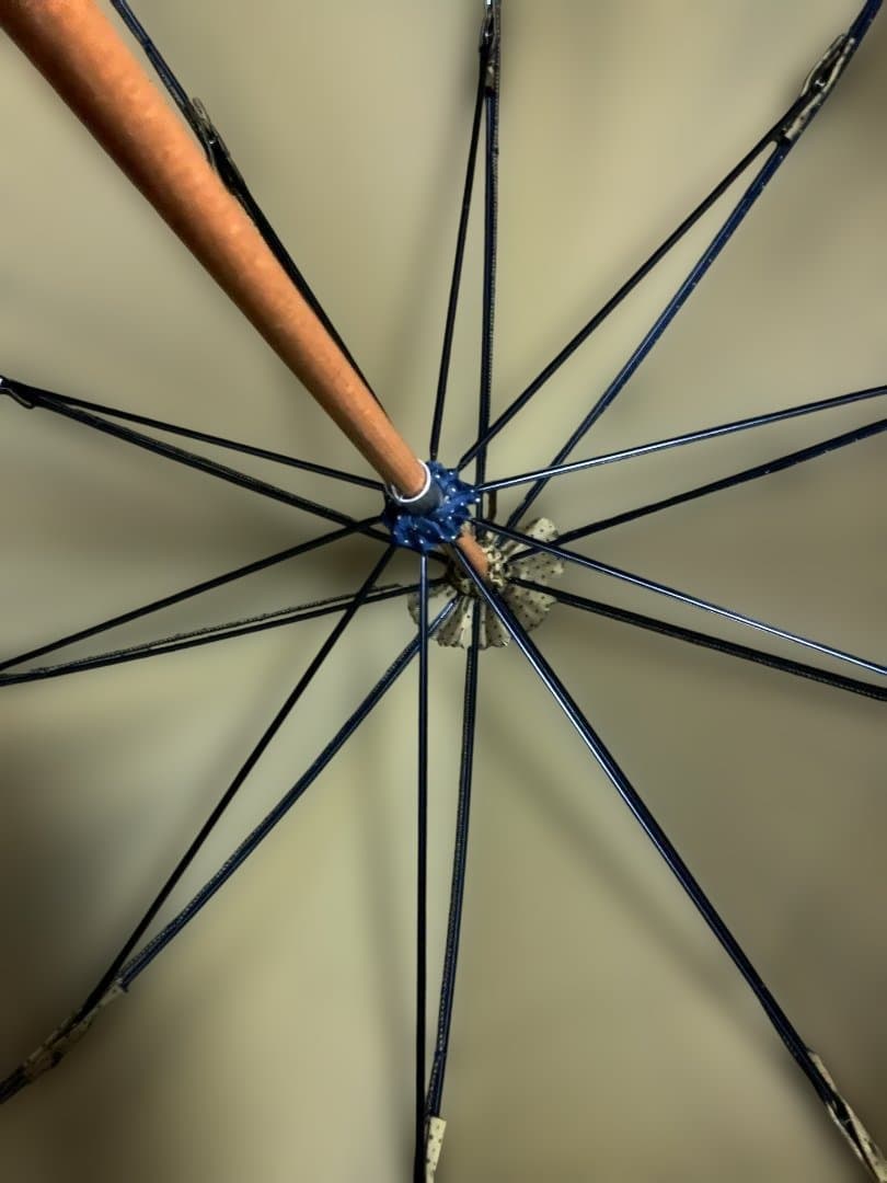 マリアフランチェスコ 長傘 ネイビー イエロードット柄　革巻きカーブハンドル