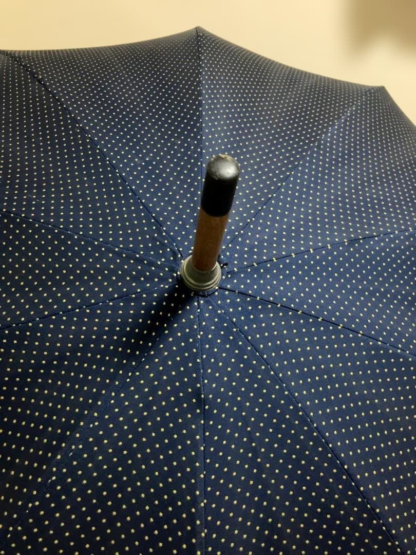マリアフランチェスコ 長傘 ネイビー イエロードット柄　革巻きカーブハンドル