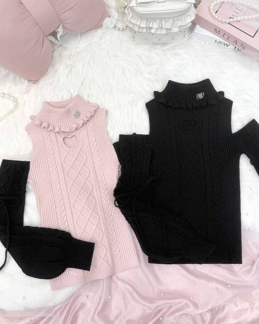 ミシェルマカロン　ハニーミュウ　ハートカット肩あきケーブルニット　フリーサイズ