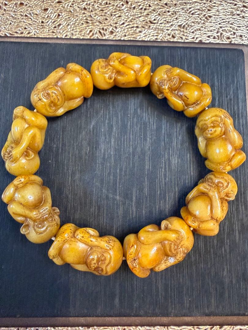 V-1065-2 文玩　天然ラクダ骨　猿彫り　ブレスレット　開運　お守り　魔除け