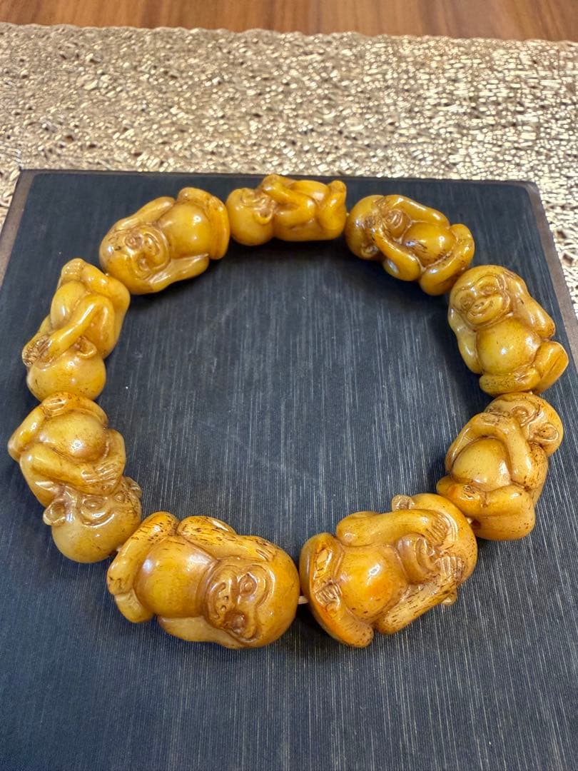 V-1065-2 文玩　天然ラクダ骨　猿彫り　ブレスレット　開運　お守り　魔除け