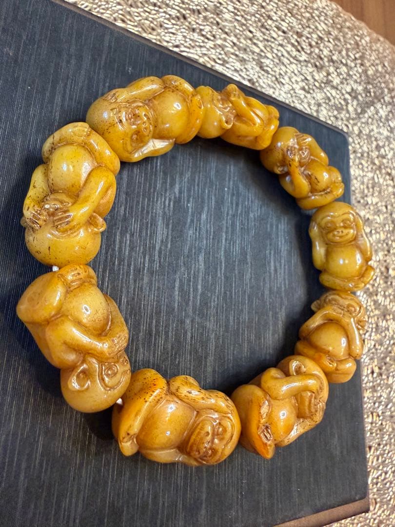 V-1065-2 文玩　天然ラクダ骨　猿彫り　ブレスレット　開運　お守り　魔除け