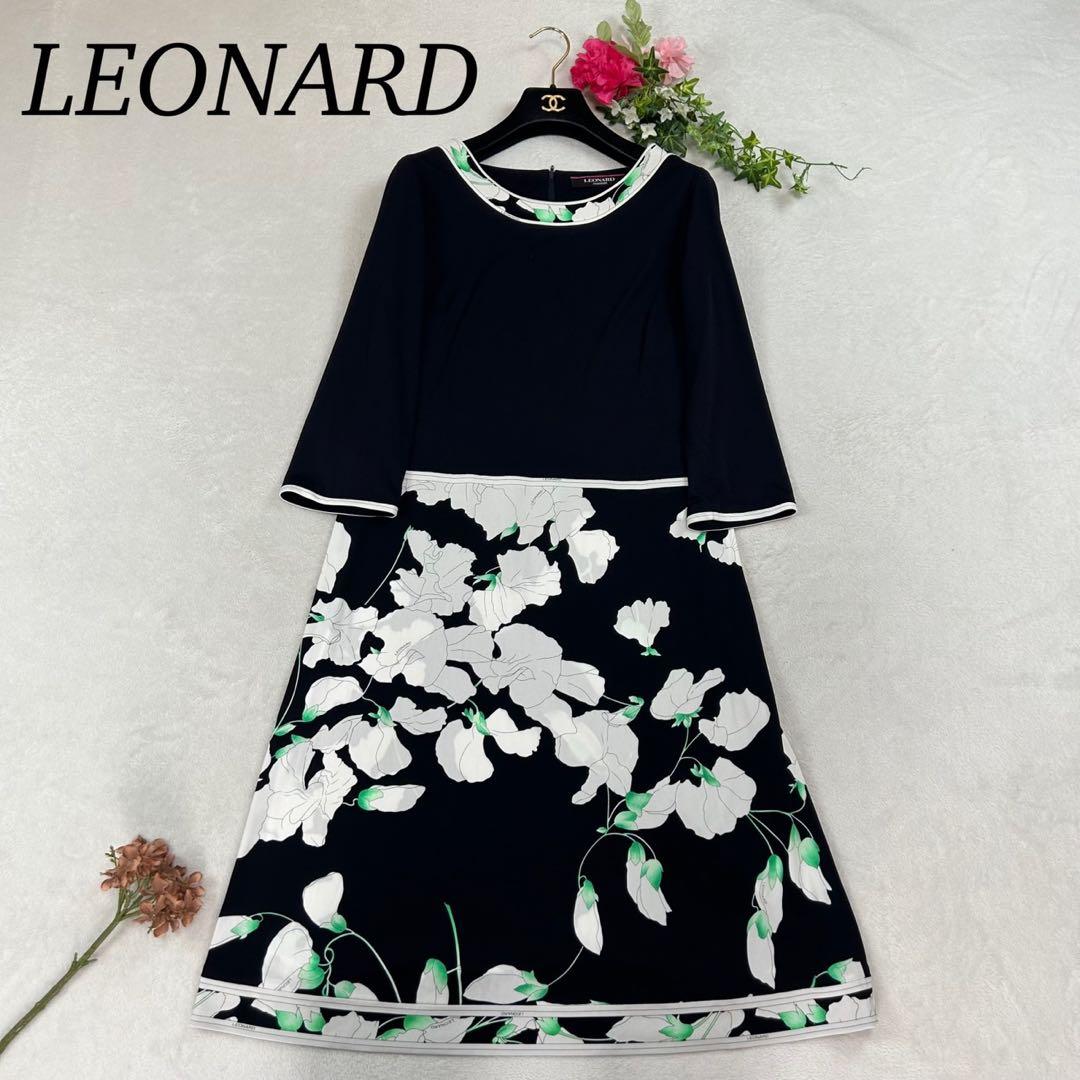 K532 美品 L レオナール カンカン素材 花柄 ひざ丈ワンピース レディース