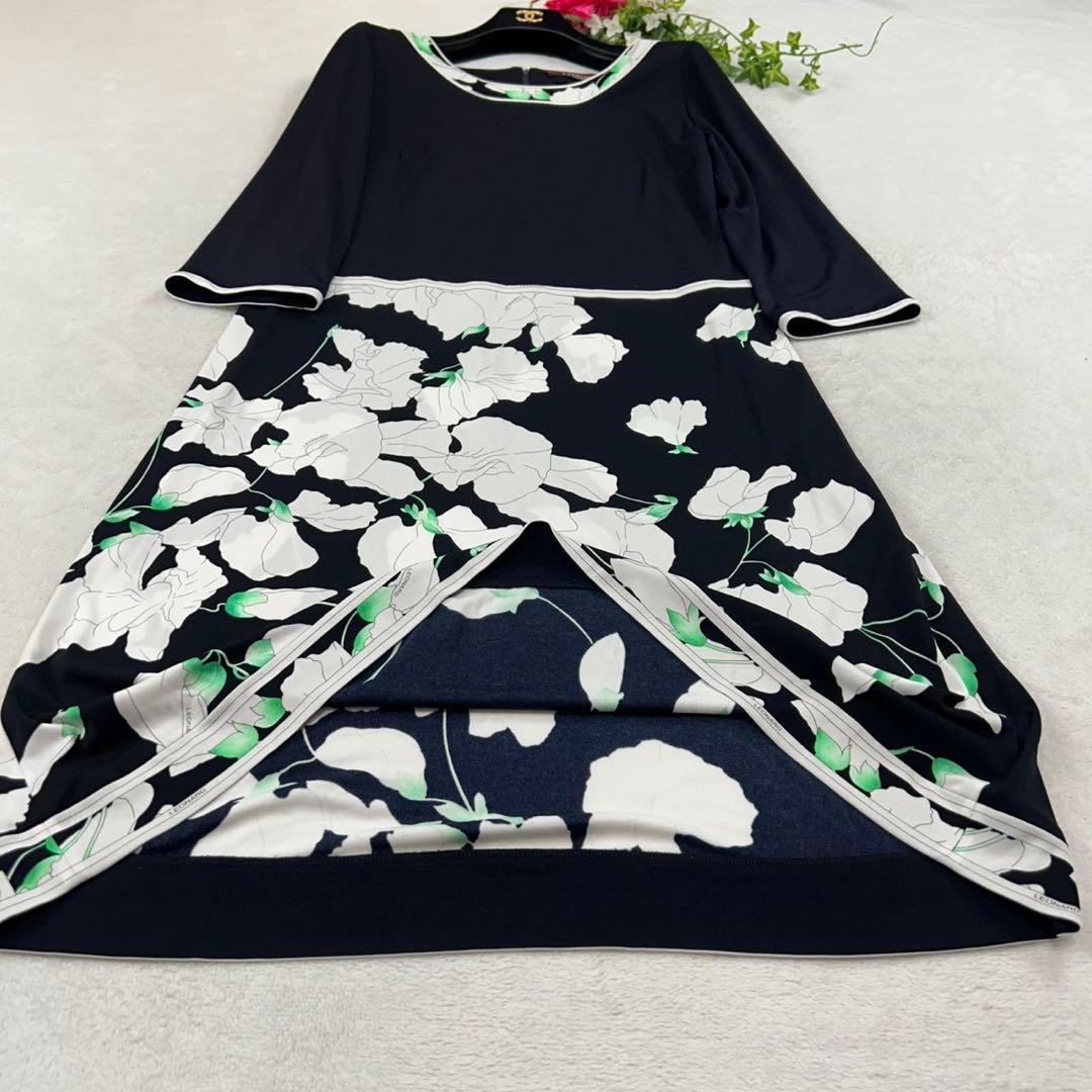 K532 美品 L レオナール カンカン素材 花柄 ひざ丈ワンピース レディース