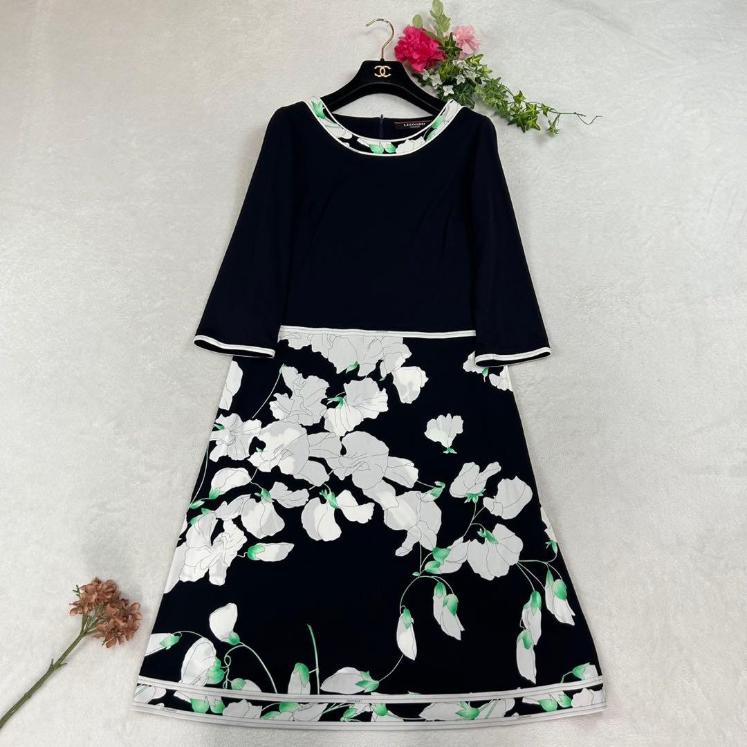 K532 美品 L レオナール カンカン素材 花柄 ひざ丈ワンピース レディース