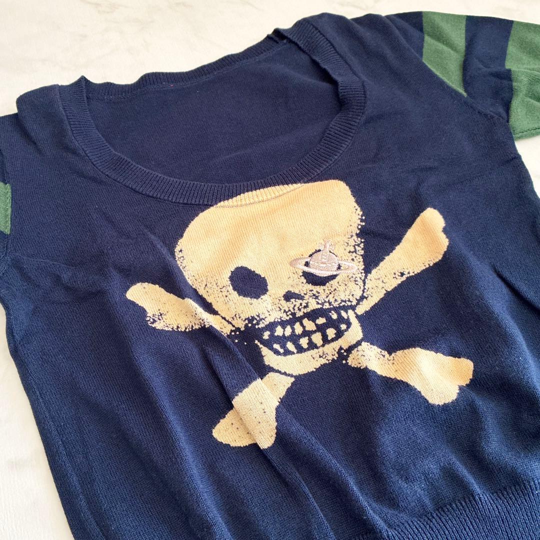 【希少】ヴィヴィアンウエストウッド スカル×オーブ刺繍 ボーダー袖 ニット 紺
