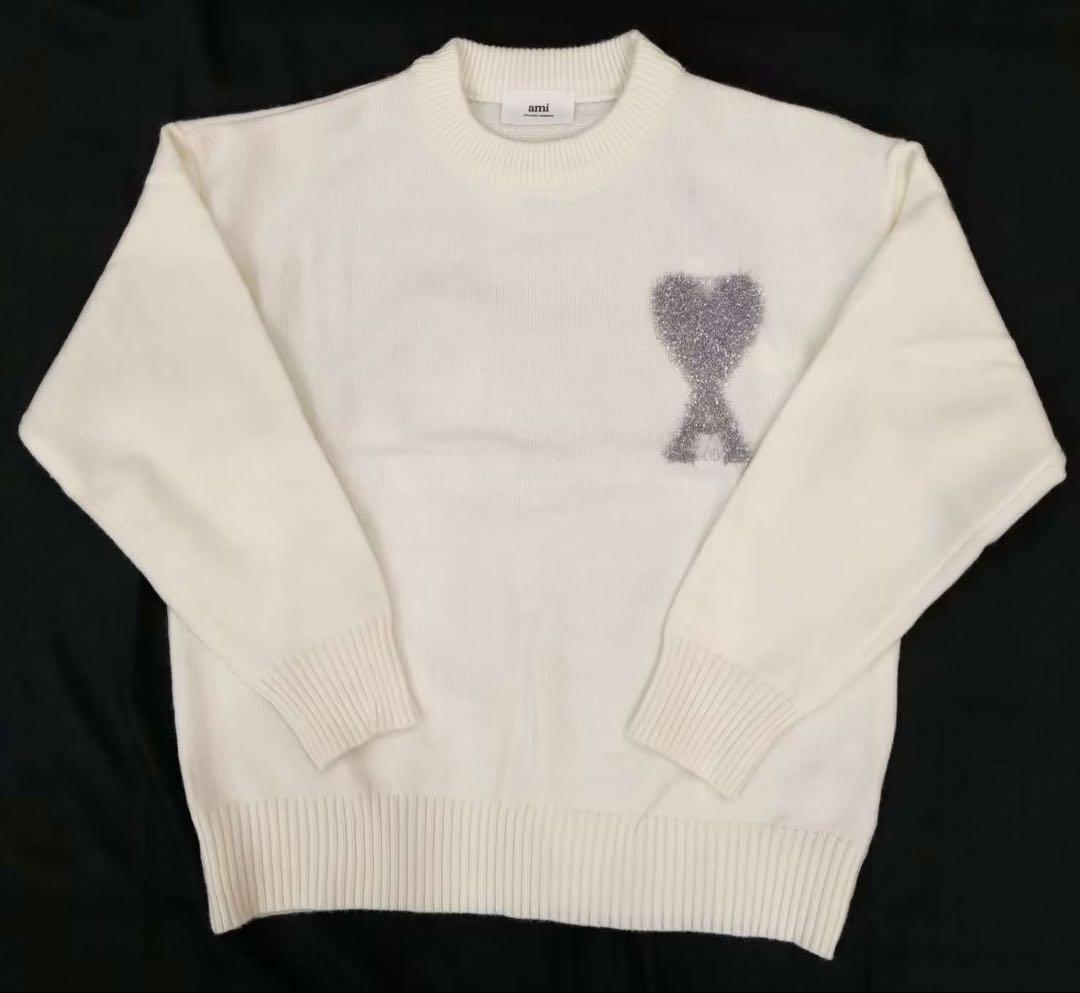 ami ホワイト ハート型スパンコール ニットセーター