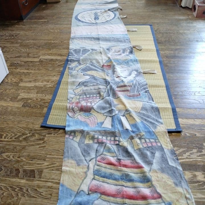 襤褸古布明治時代 のぼり旗手書き、珍品 家紋 襤褸古布藍染