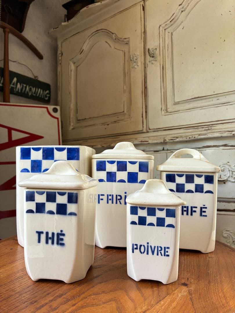 FJアンティーク 陶器　キャニスター　ブルー　市松　バドンヴィレー　レア