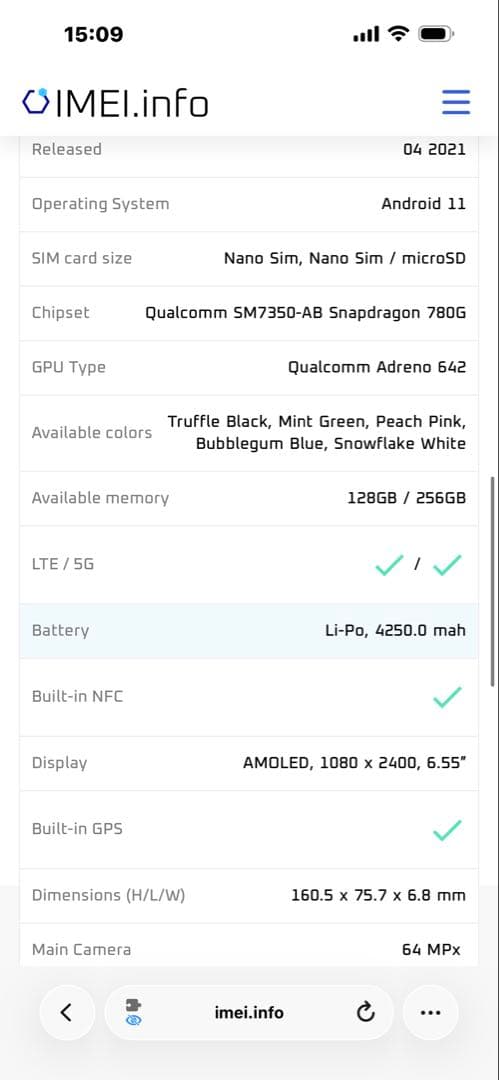 中国版 Xiaomi Mi 11 Lite 5G（型号：M2101K9C）
