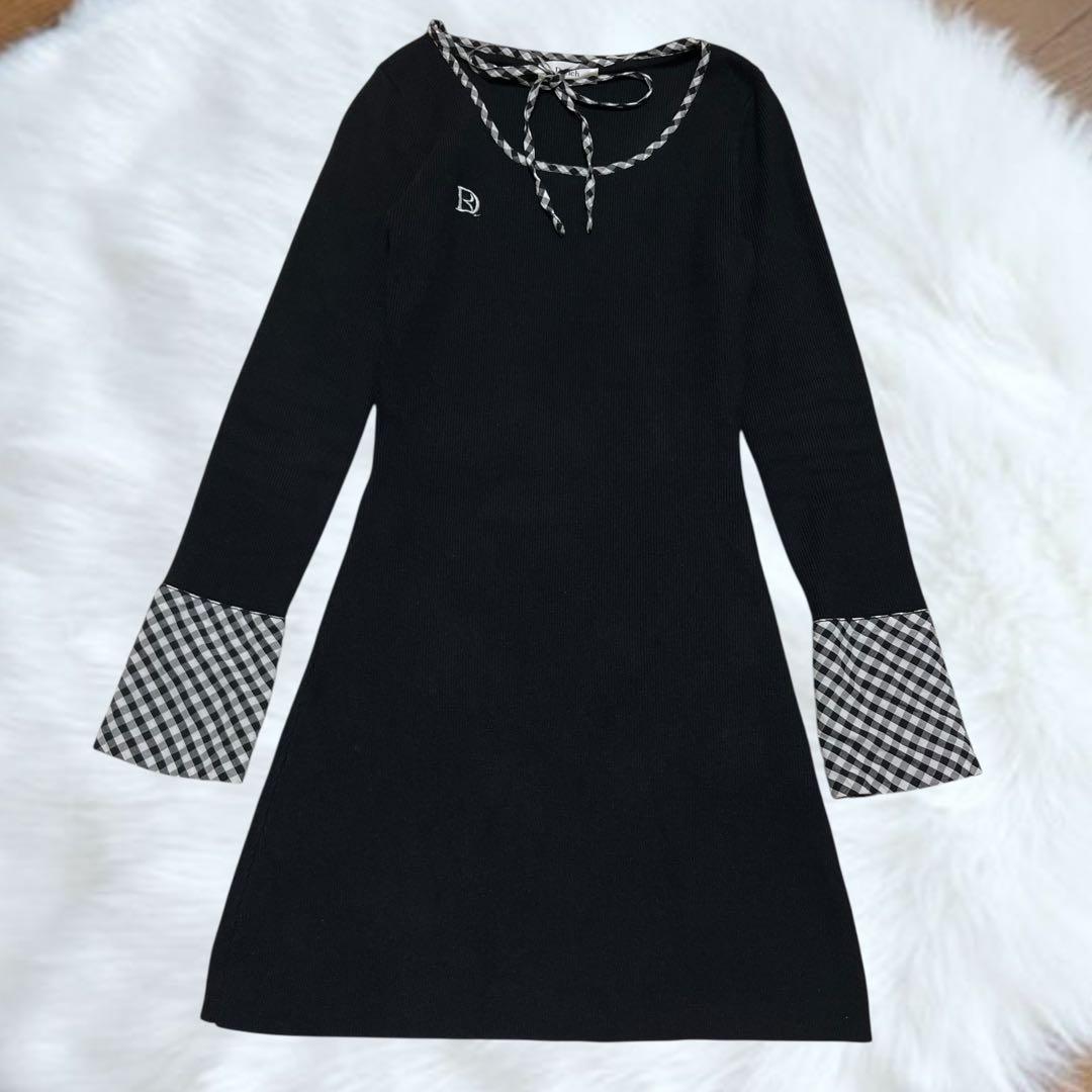 【大人気】ダーリッチ チェックリボンニットミニワンピース　黒