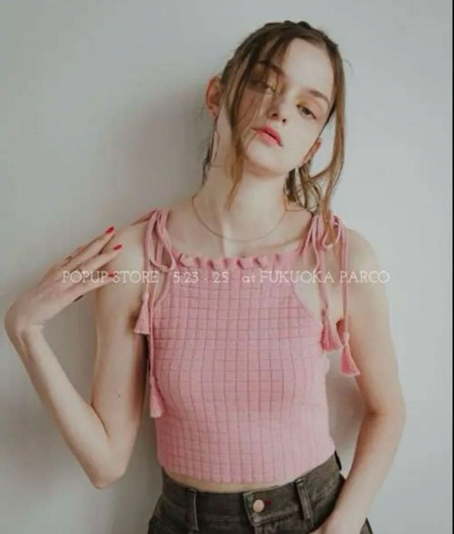 ピヌエ　スクエアジャガードニットキャミソール　福岡popup限定　ピンク