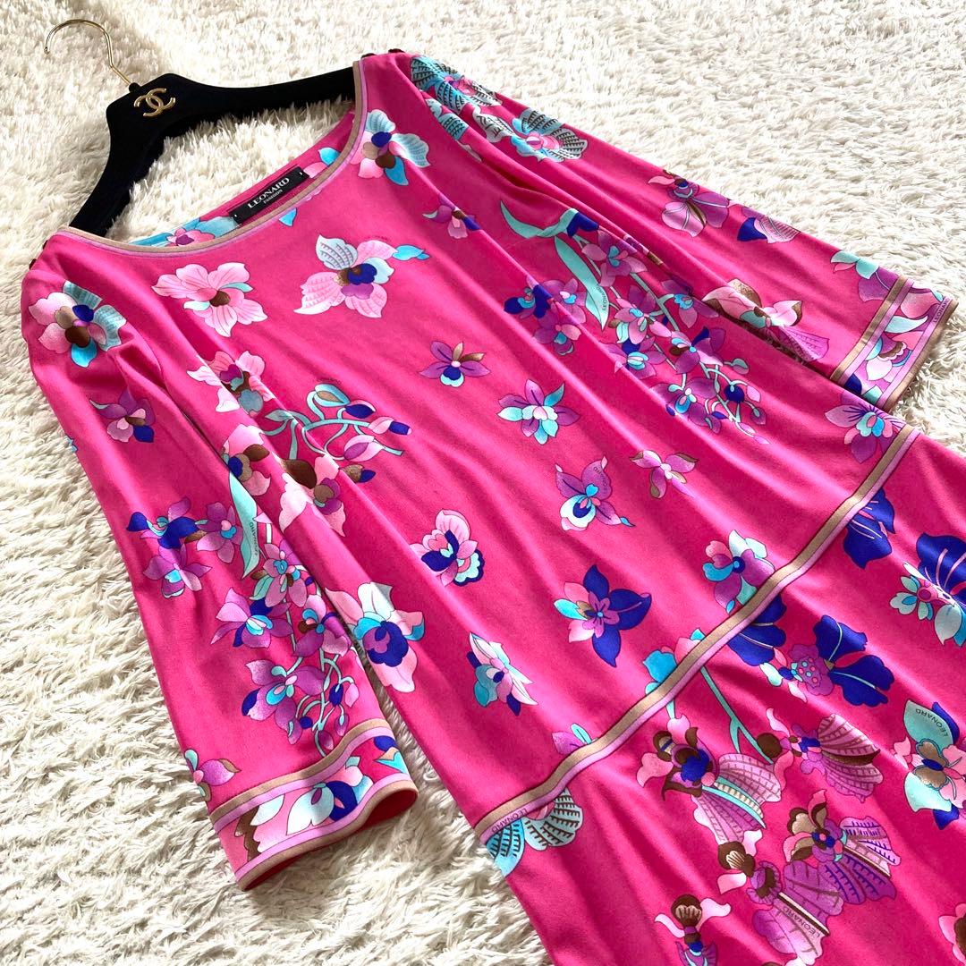 【美品】レオナール カンカン ボタニカル フラワートリム フレアワンピース