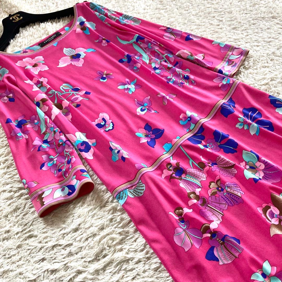 【美品】レオナール カンカン ボタニカル フラワートリム フレアワンピース