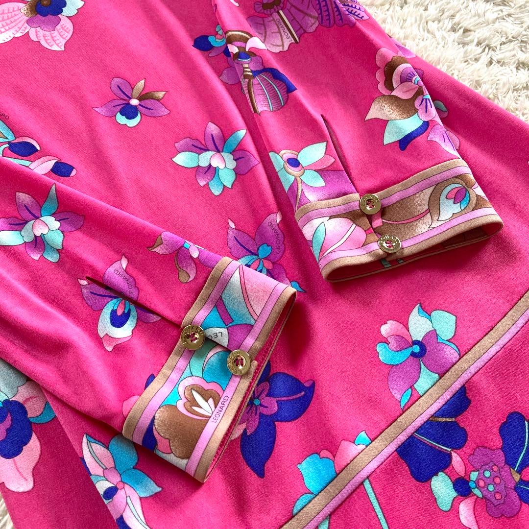 【美品】レオナール カンカン ボタニカル フラワートリム フレアワンピース