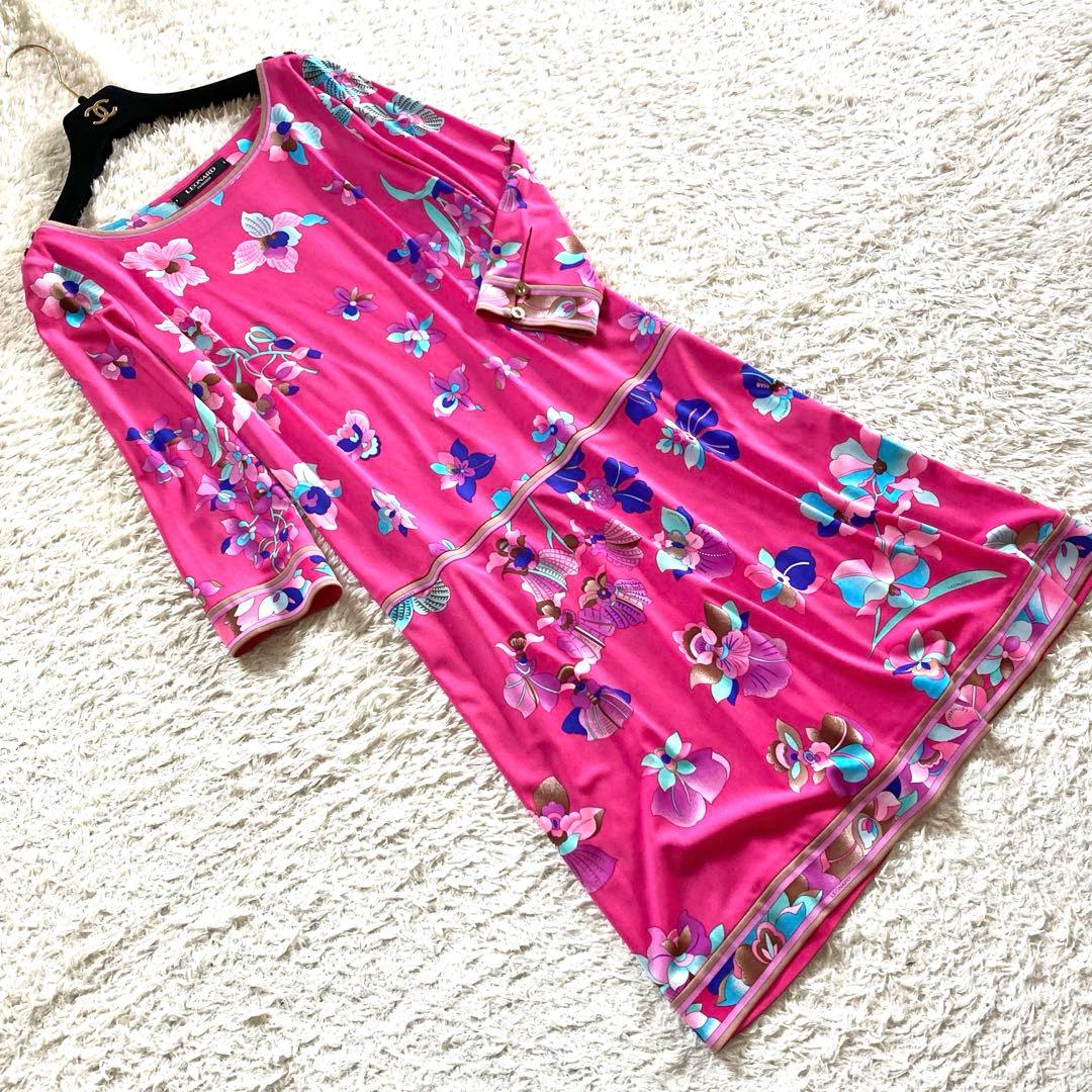 【美品】レオナール カンカン ボタニカル フラワートリム フレアワンピース