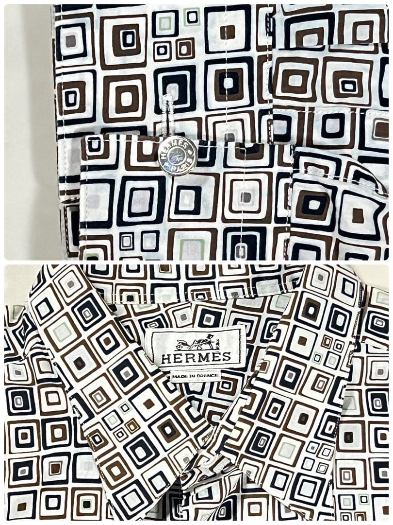 美品 メルメス HERMES 幾何学模様 長袖シャツ 銀ボタン コットン 総柄