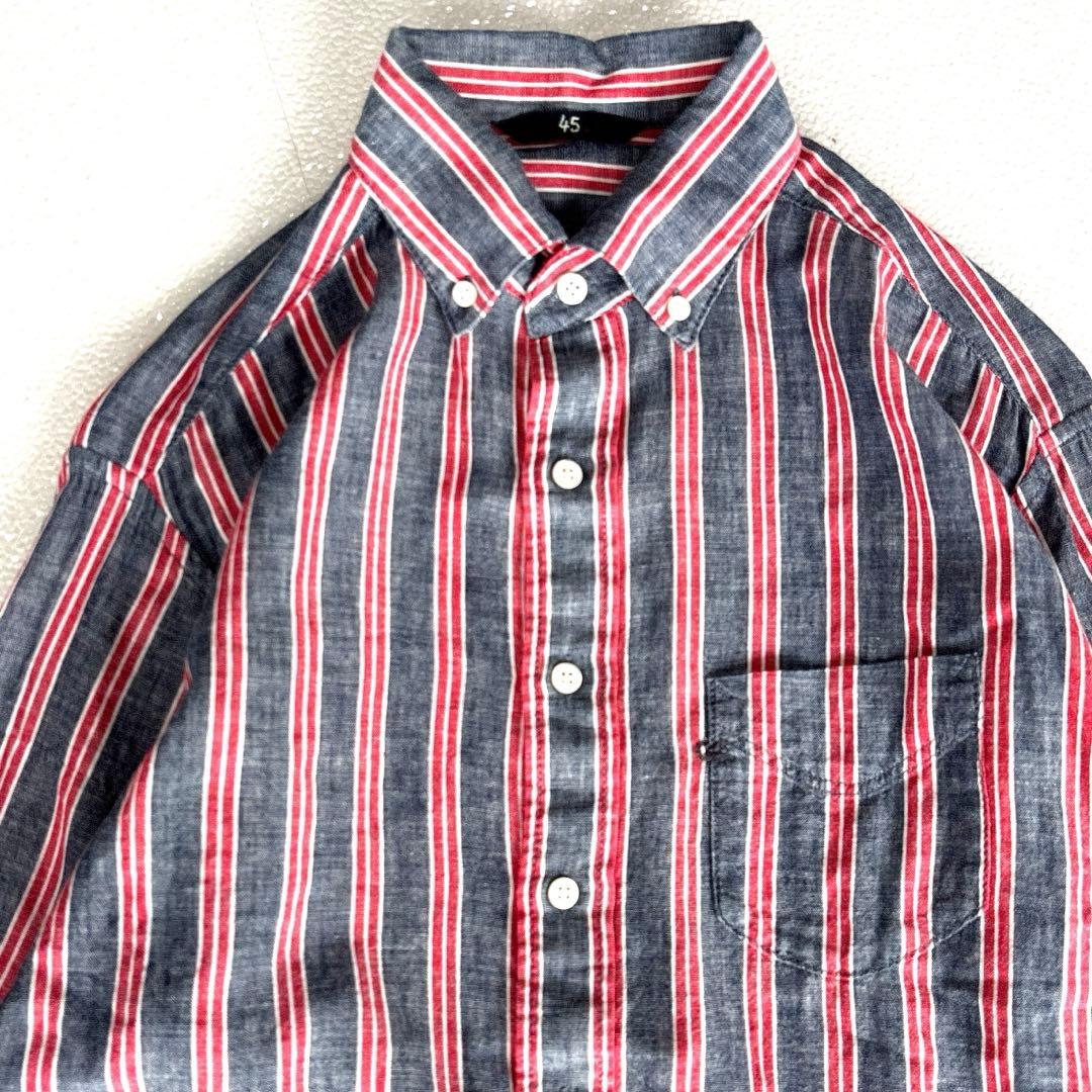 【美品/レデイースM】　45R　45rpm　ボタンダウンシャツ　長袖　ストライプ