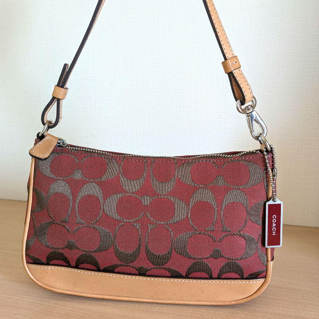 【美品】COACH アクセサリーポーチ ミニバッグ キャンバス レザー レッド