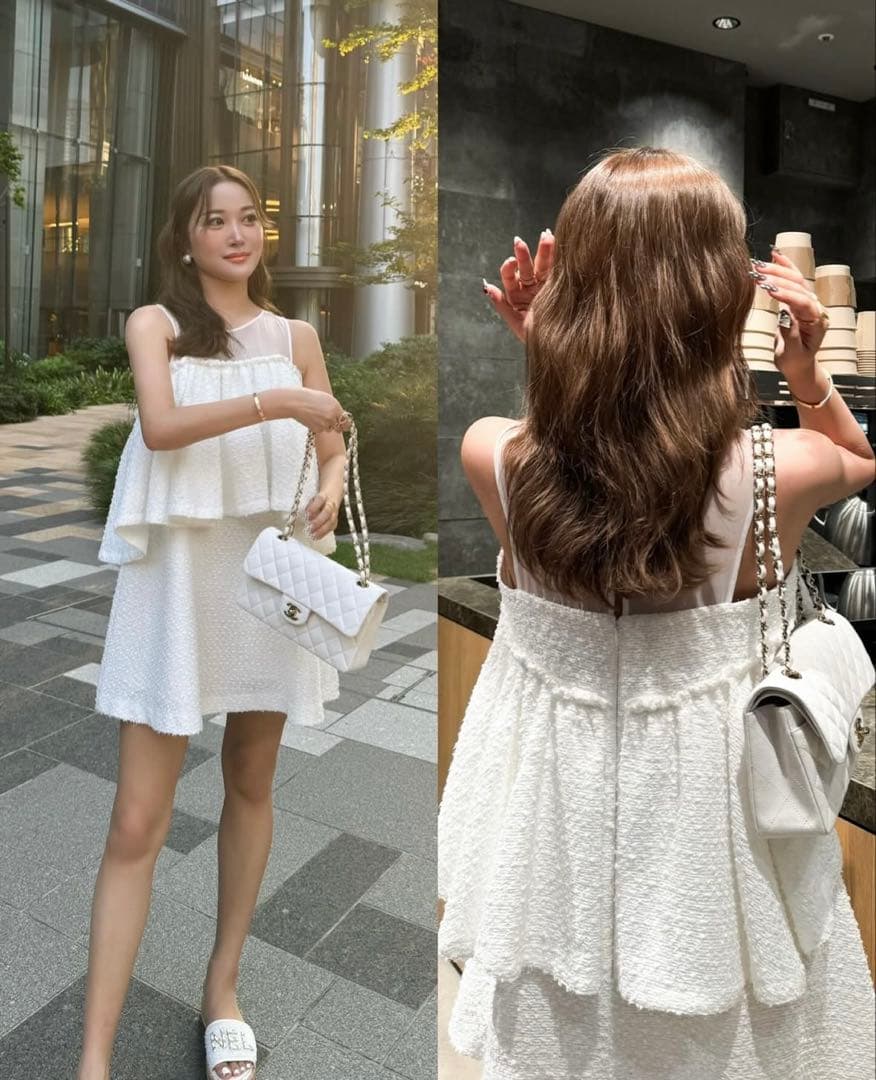 ワンピース sheller x tweed ruffle mini dress