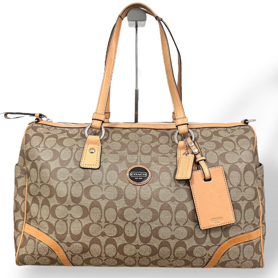 コーチ　ボストンバッグ　シグネチャー　チャーム　大容量　PVC　肩掛け　ベージュ