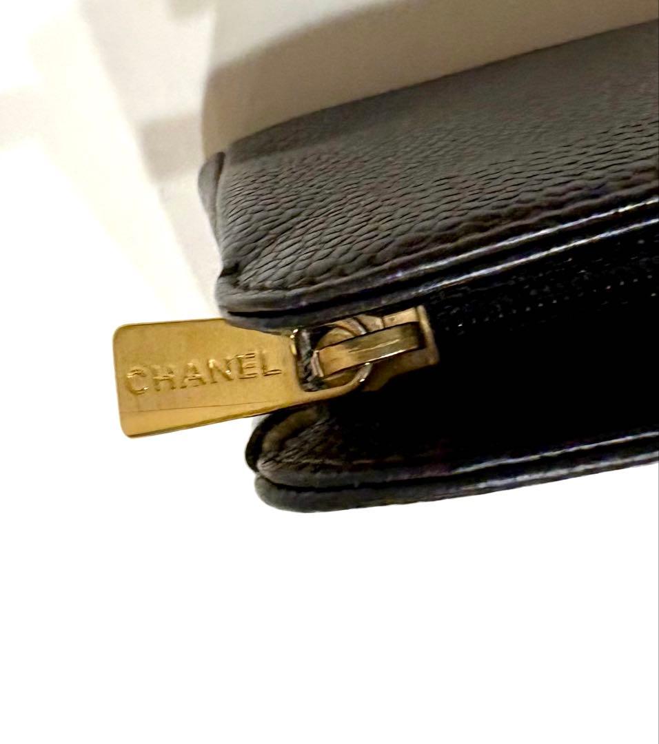 シャネル☆ココマーク　ロゴ大きめポーチ キャビアスキン　マトラッセ黒ヴィンテージ