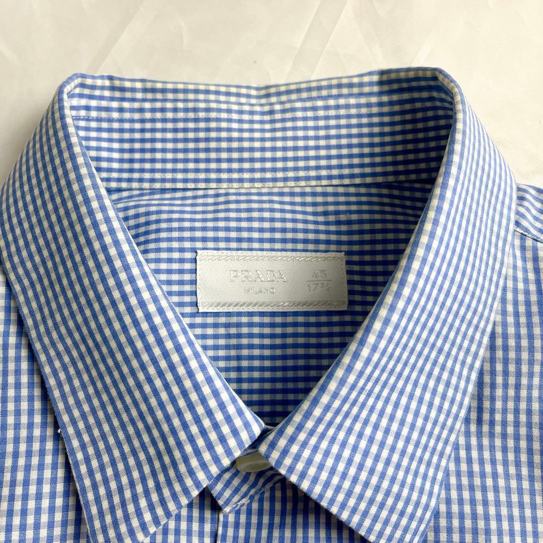 【美品】PRADA プラダ XL〜XXLギンガムチェック シャツ ブルー 45
