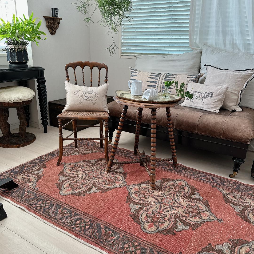 トルコ ヴィンテージラグ A4 レア ローズピンク グレージュ ブルー グレー