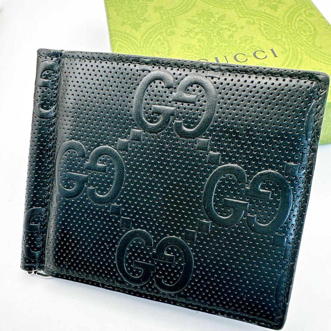 美品　グッチ マネークリップ 札入れ GGエンボス デカロゴ ブラック 黒　希少
