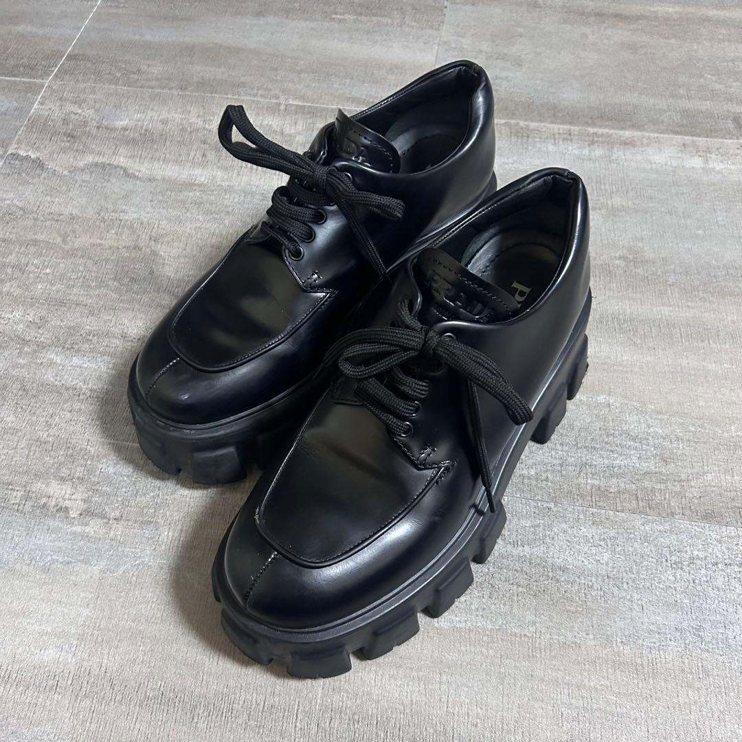 PRADA モノリス レースアップ ブラック レザー シューズ 本革 厚底