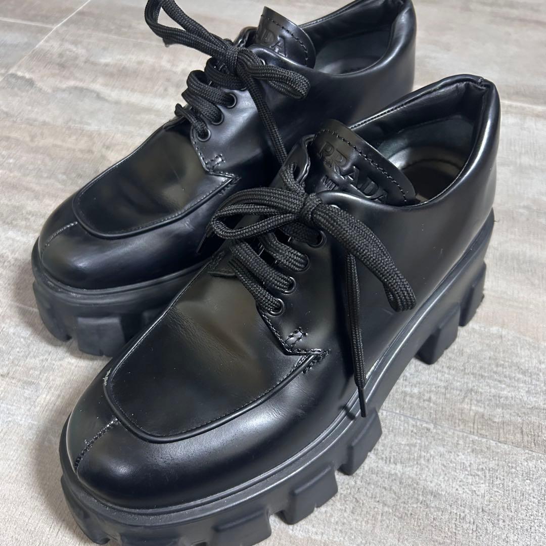 PRADA モノリス レースアップ ブラック レザー シューズ 本革 厚底