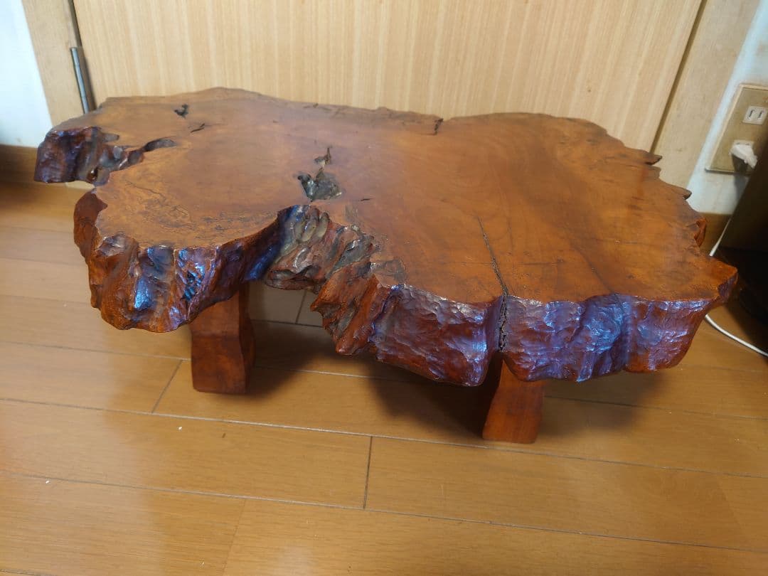 無垢材　一枚板ローテーブル／ちゃぶ台（欅風・レトロ／ヴィンテージ）