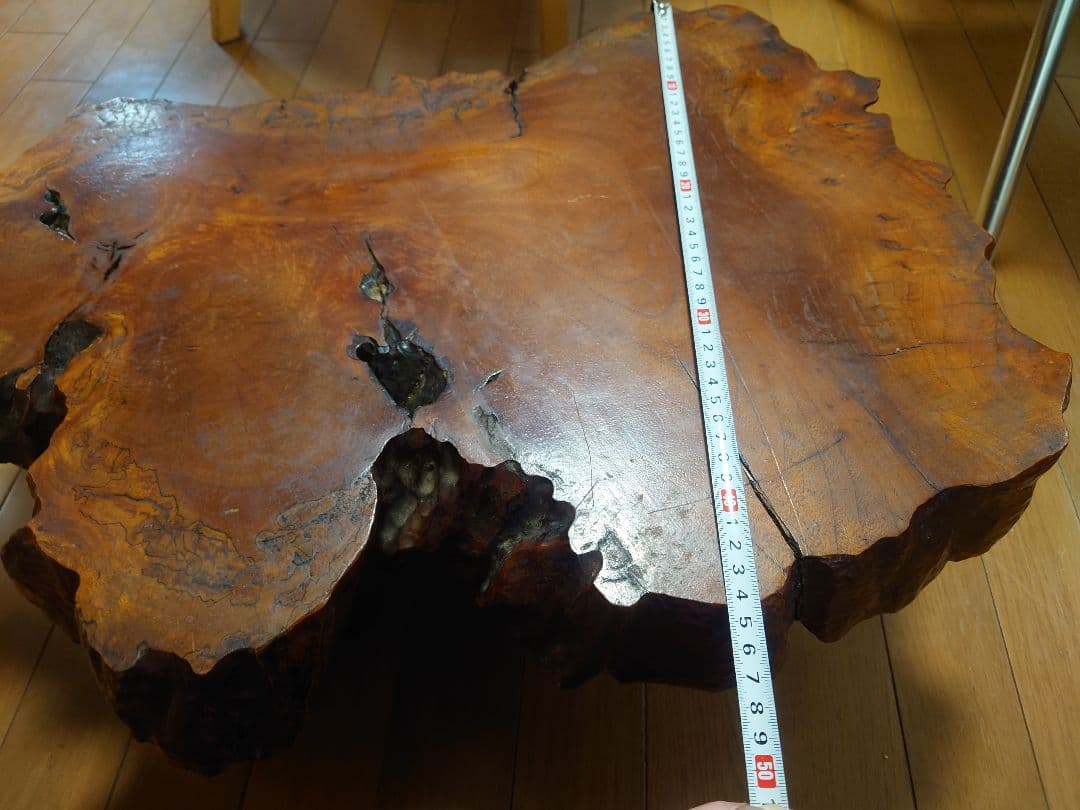 無垢材　一枚板ローテーブル／ちゃぶ台（欅風・レトロ／ヴィンテージ）