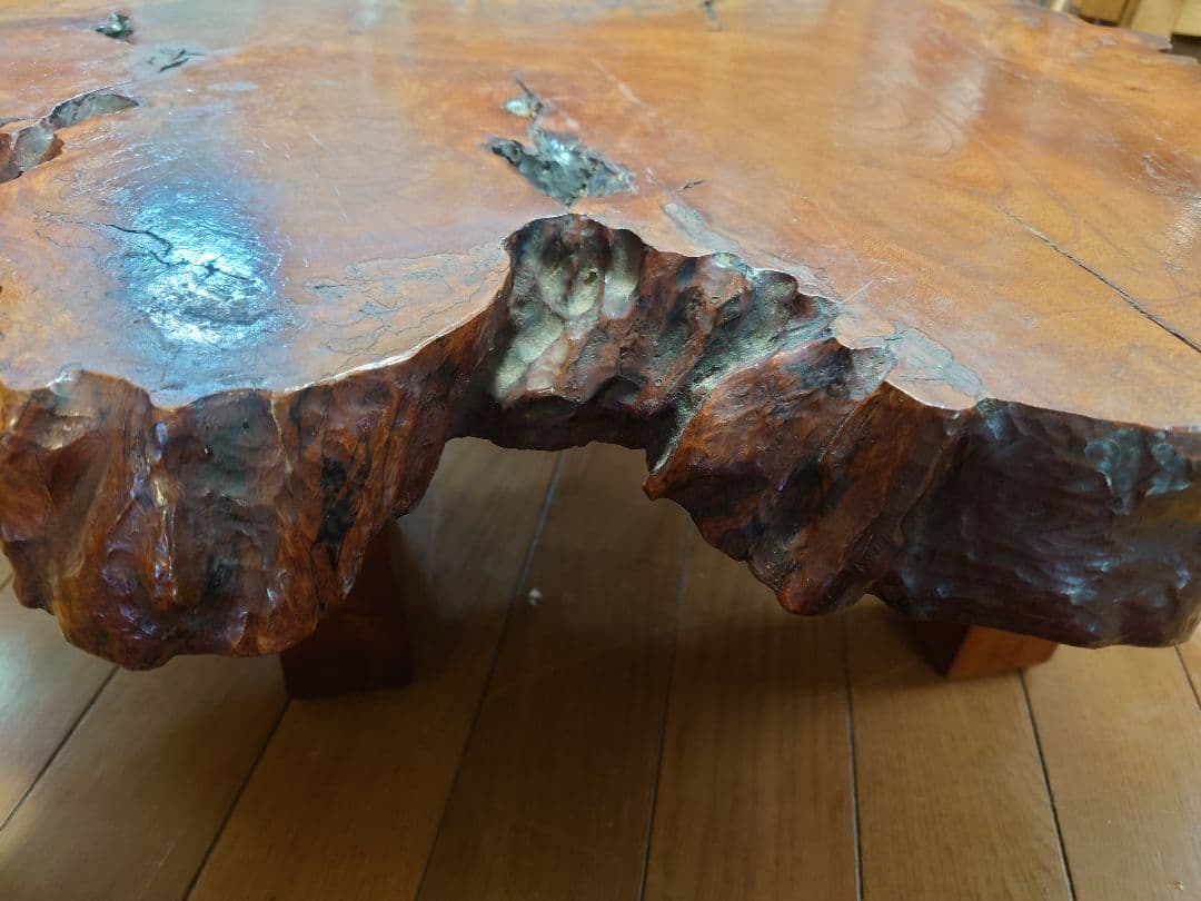 無垢材　一枚板ローテーブル／ちゃぶ台（欅風・レトロ／ヴィンテージ）