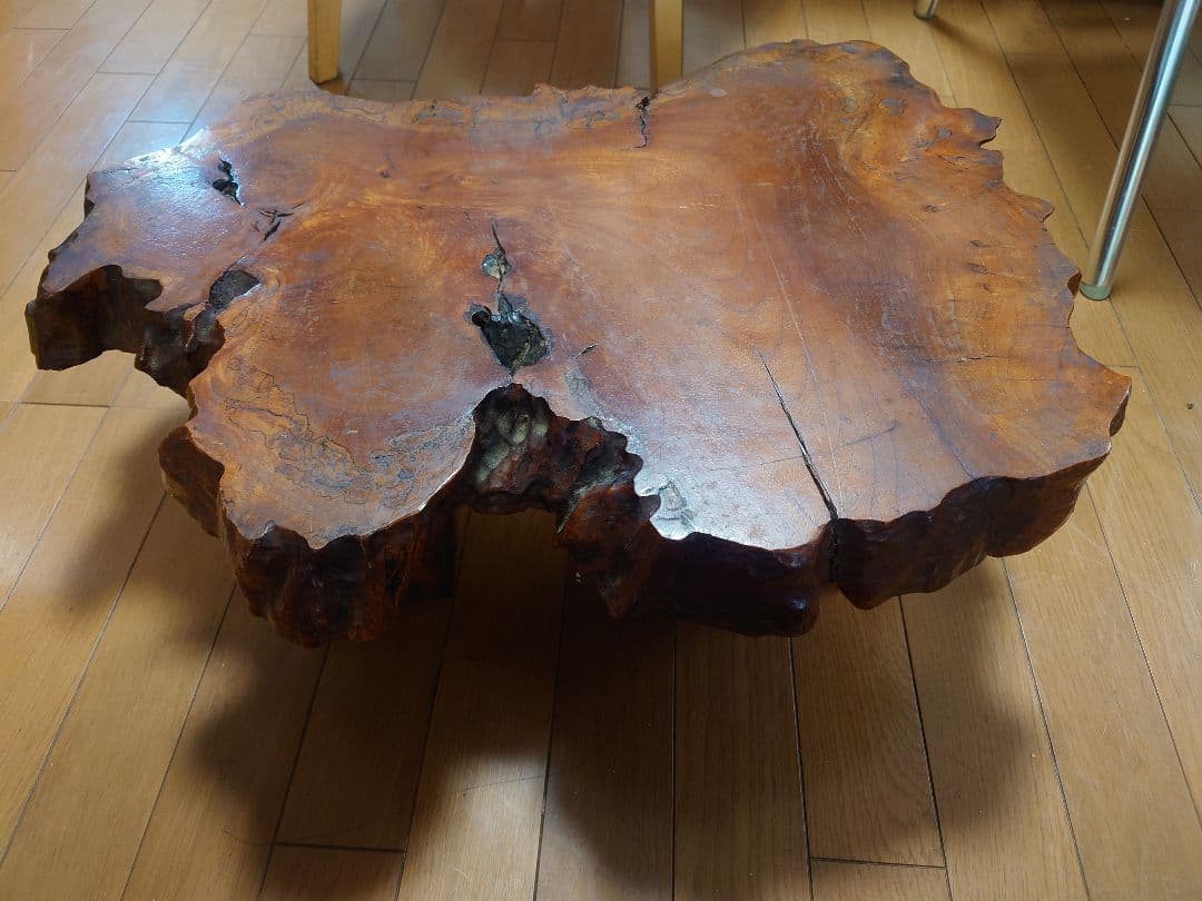 無垢材　一枚板ローテーブル／ちゃぶ台（欅風・レトロ／ヴィンテージ）