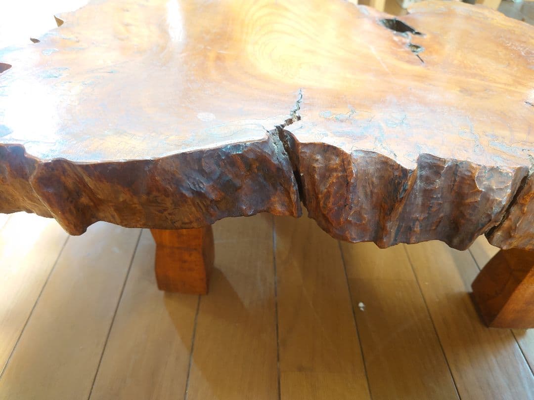 無垢材　一枚板ローテーブル／ちゃぶ台（欅風・レトロ／ヴィンテージ）