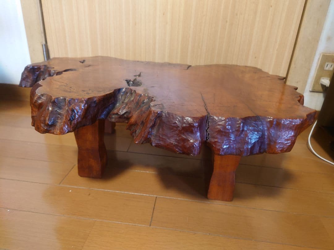 無垢材　一枚板ローテーブル／ちゃぶ台（欅風・レトロ／ヴィンテージ）