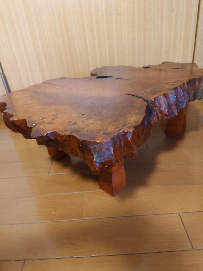 無垢材　一枚板ローテーブル／ちゃぶ台（欅風・レトロ／ヴィンテージ）