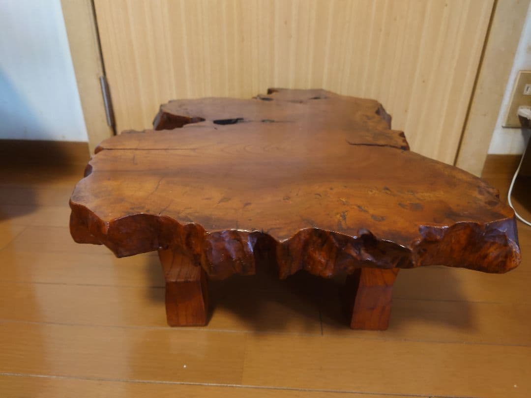 無垢材　一枚板ローテーブル／ちゃぶ台（欅風・レトロ／ヴィンテージ）