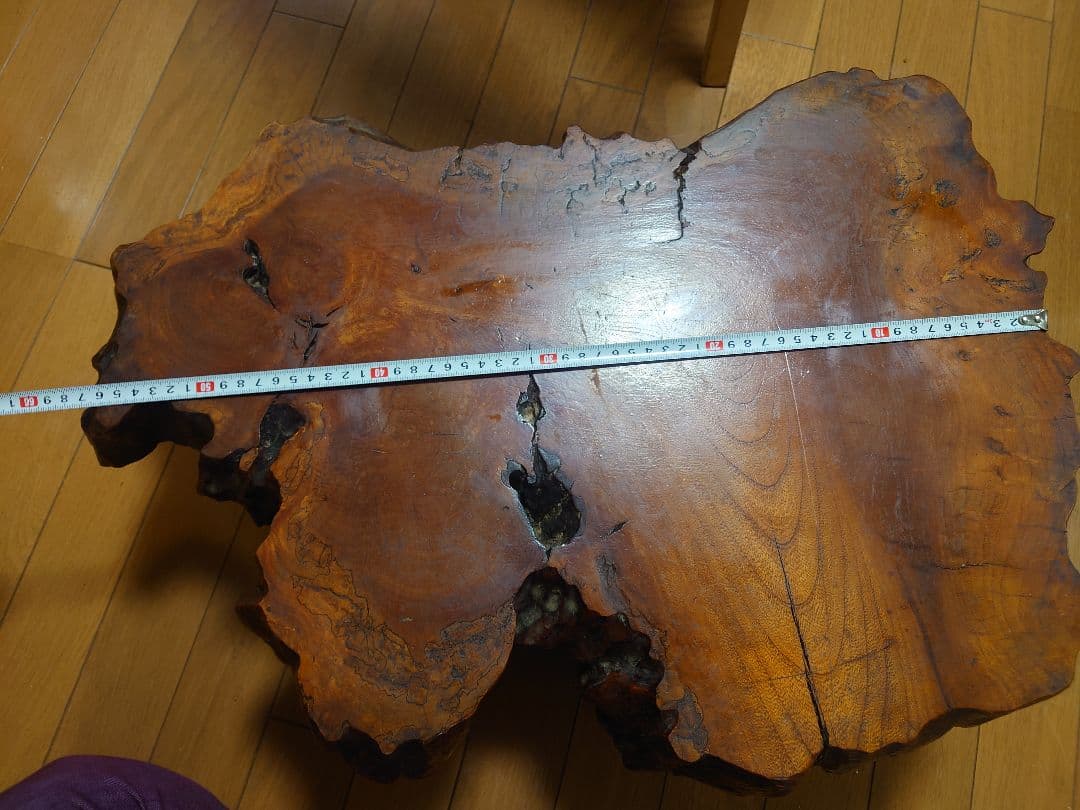 無垢材　一枚板ローテーブル／ちゃぶ台（欅風・レトロ／ヴィンテージ）