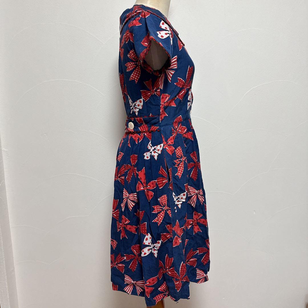 ジェーンマープル　リボン柄半袖ワンピース ネイビー