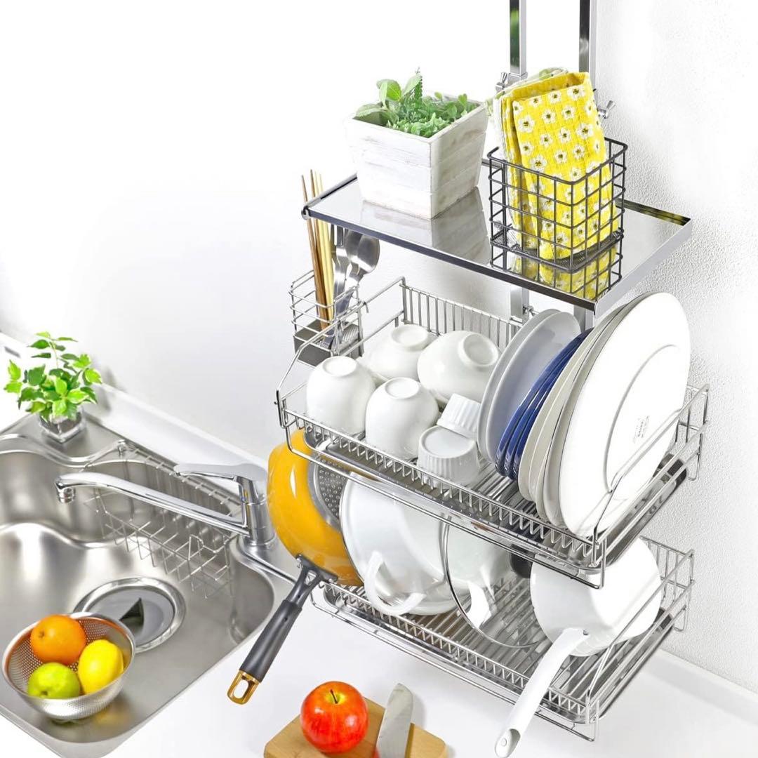 川口工器　突っ張りキッチンラック　水切りカゴ　燕三条製