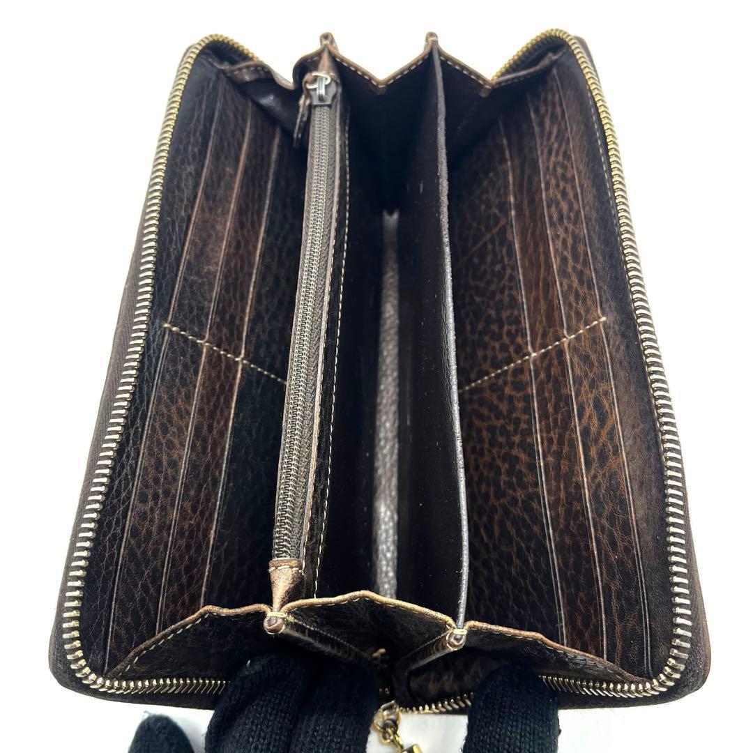 グッチ 長財布 ラウンドファスナー シマレザー レオパード バンブーチャーム 茶