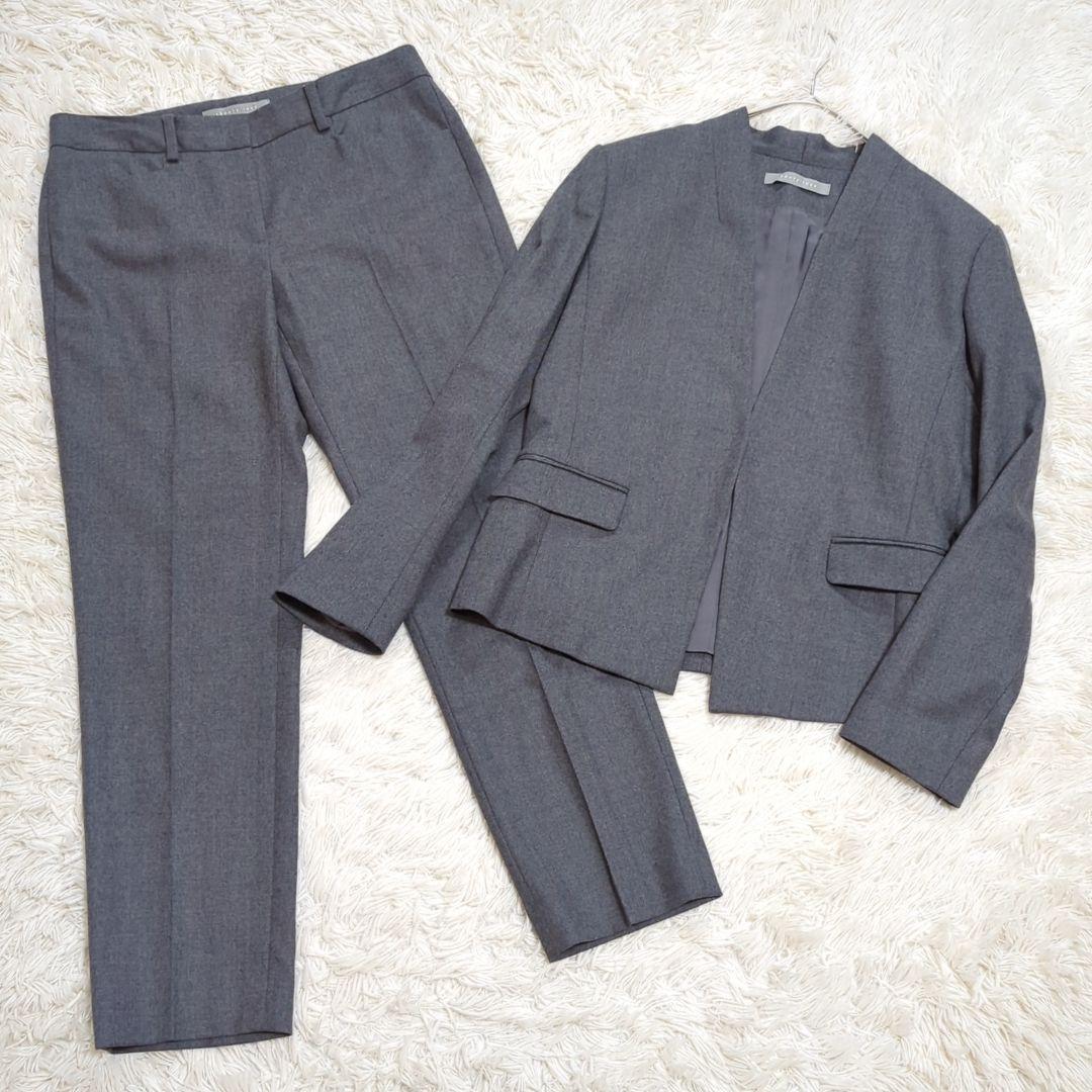 美品 セオリーリュクス 40 ノーカラー パンツスーツ セットアップ グレー