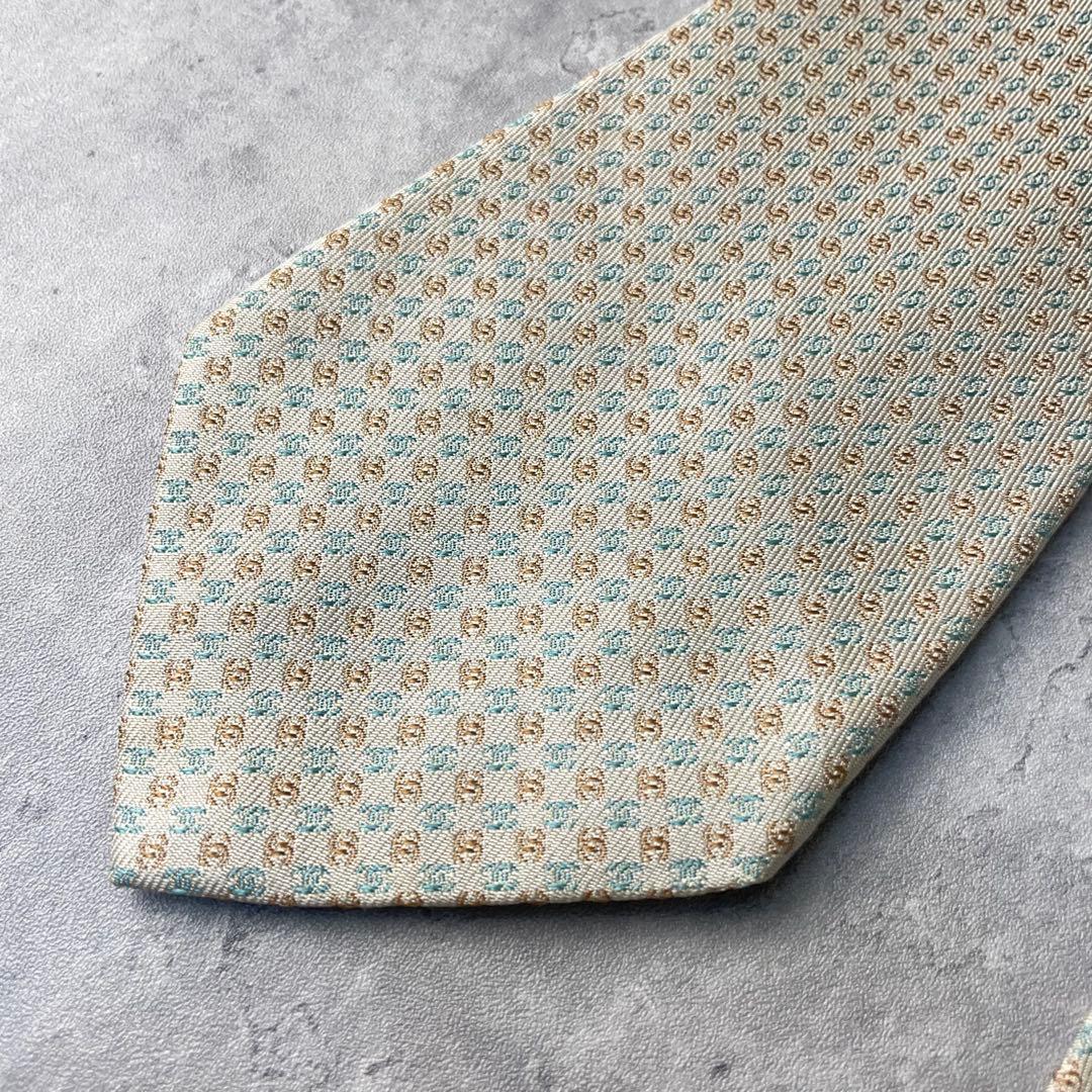 美品 CHANEL シャネル ジャガード ココマーク 総ロゴ ネクタイ ホワイト