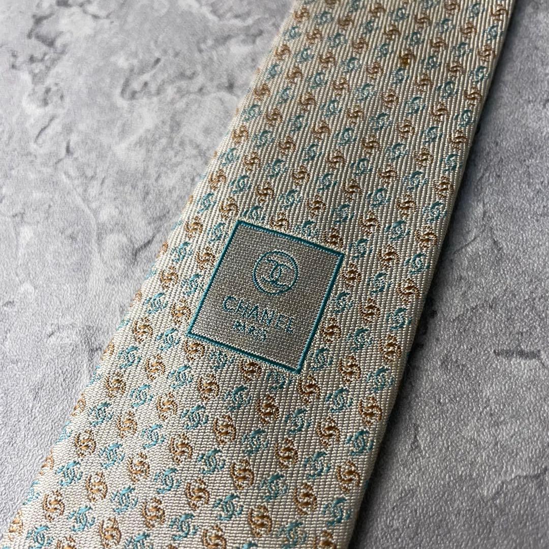 美品 CHANEL シャネル ジャガード ココマーク 総ロゴ ネクタイ ホワイト