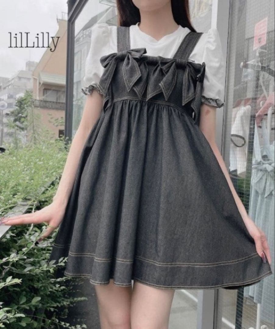【pain lilLilly】リルリリー リボンデニムワンピース ブラック黒