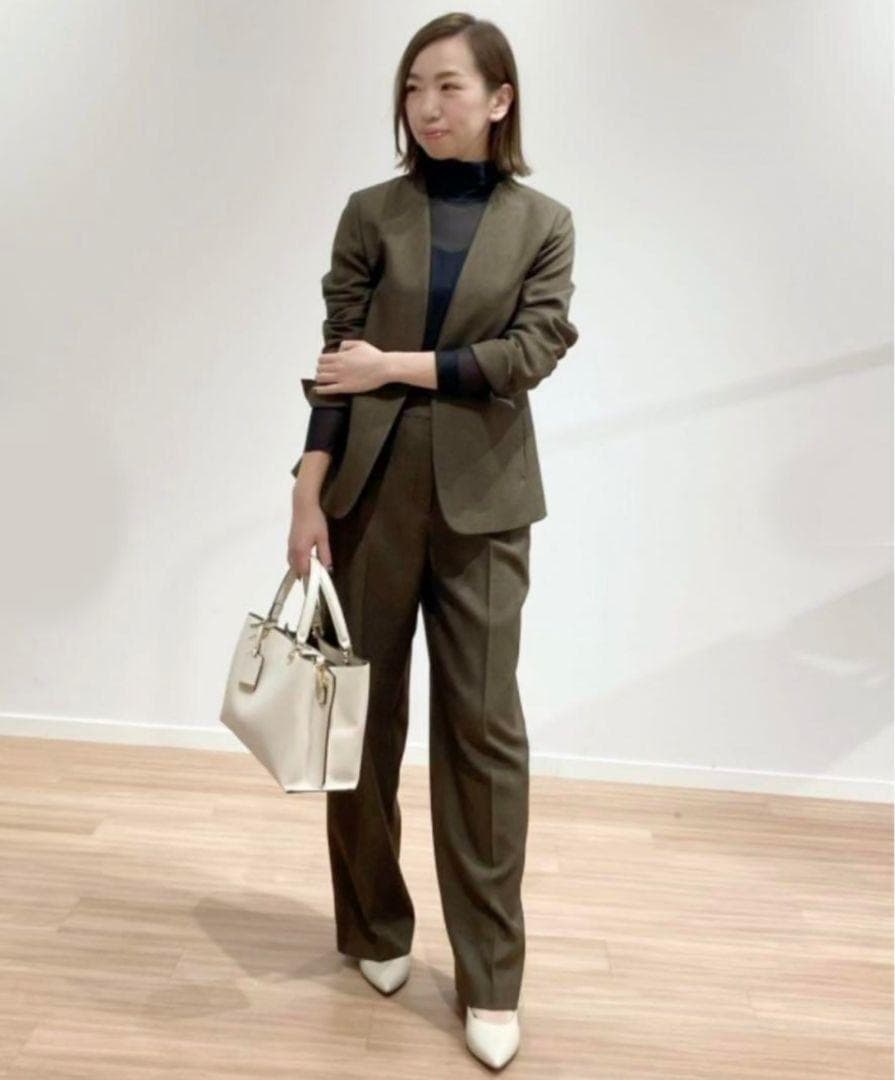 PLST プラステ　シャークスキン ノーカラーセットアップ　ブラウン　S