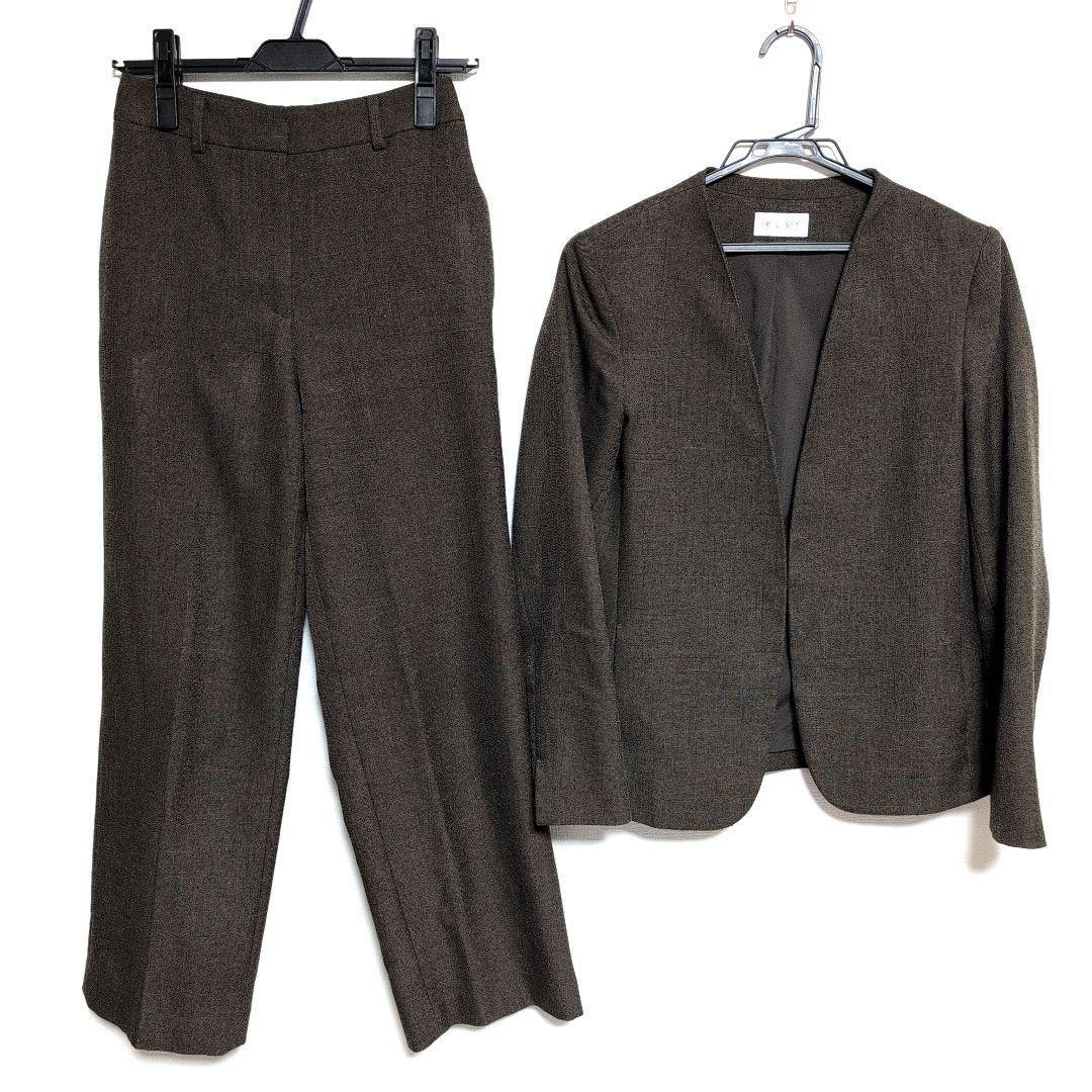 PLST プラステ　シャークスキン ノーカラーセットアップ　ブラウン　S